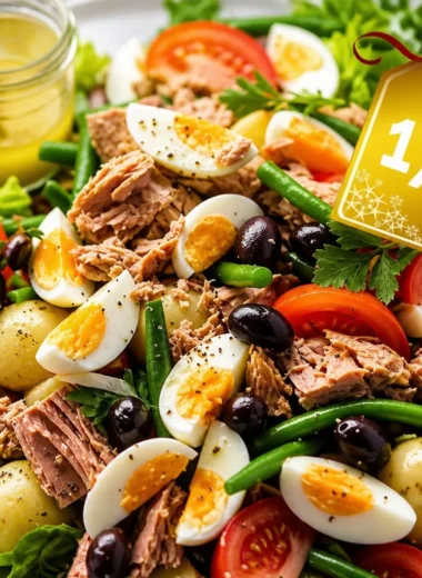 Delicious Salade Niçoise featuring tuna, fresh vegetables, and homemade vinaigrette.