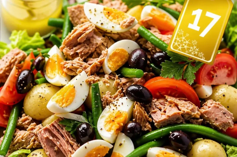 Delicious Salade Niçoise featuring tuna, fresh vegetables, and homemade vinaigrette.