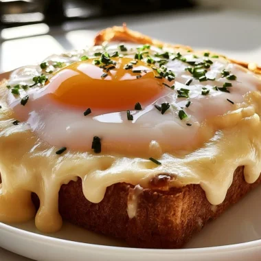 Delicious traditional Croque Madame sandwich with ham, cheese, and egg