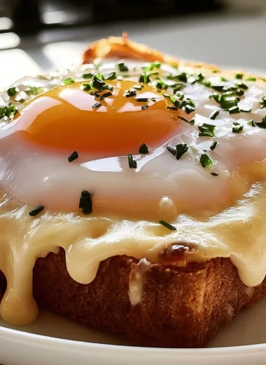 Delicious traditional Croque Madame sandwich with ham, cheese, and egg