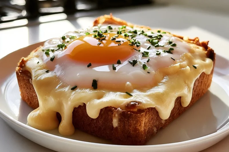 Delicious traditional Croque Madame sandwich with ham, cheese, and egg