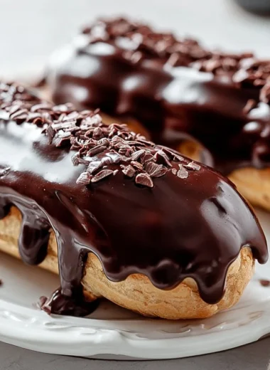 Delicious traditional French éclairs filled with cream and topped with chocolate glaze.