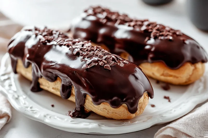Delicious traditional French éclairs filled with cream and topped with chocolate glaze.