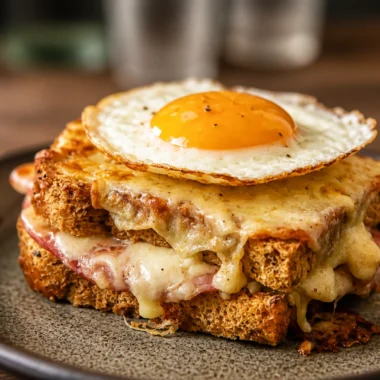 Quick French Croque Madame sandwich topped with a fried egg, perfect for brunch.