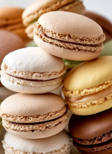 Plate of colorful authentic French macarons in various flavors