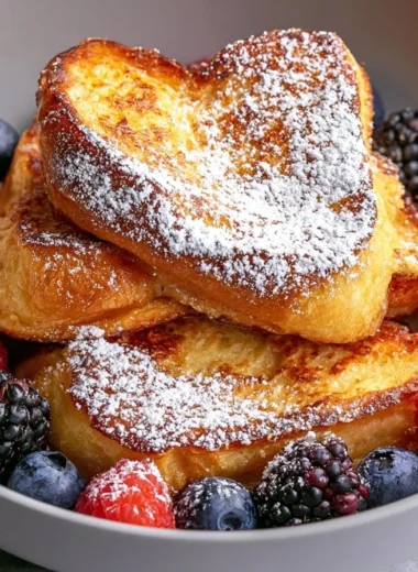 Delicious authentic French toast topped with syrup and berries on a plate