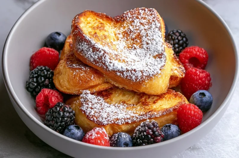 Delicious authentic French toast topped with syrup and berries on a plate