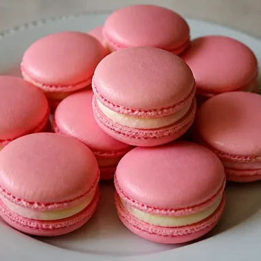 Basic French macarons displayed on a decorative plate.