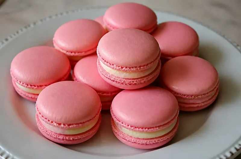 Basic French macarons displayed on a decorative plate.