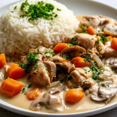 Classic French Blanquette de Veau, a creamy veal stew served with vegetables.