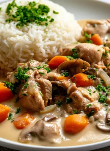 Classic French Blanquette de Veau, a creamy veal stew served with vegetables.