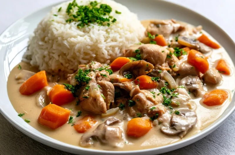 Classic French Blanquette de Veau, a creamy veal stew served with vegetables.