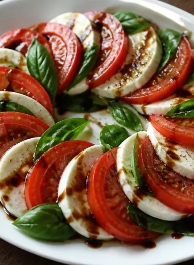 Fresh Caprese Salad with mozzarella, tomatoes, and basil on a plate
