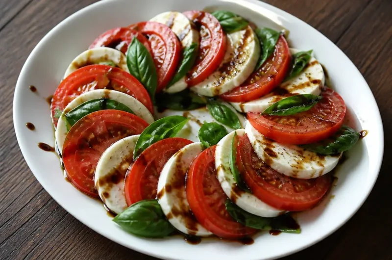 Fresh Caprese Salad with mozzarella, tomatoes, and basil on a plate