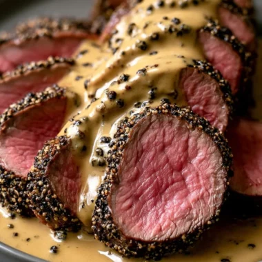 Delicious Chateaubriand beef tenderloin served with herbs and sauce.