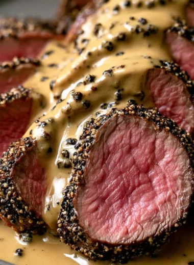 Delicious Chateaubriand beef tenderloin served with herbs and sauce.