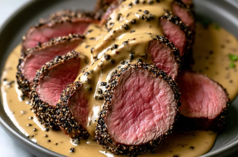 Delicious Chateaubriand beef tenderloin served with herbs and sauce.