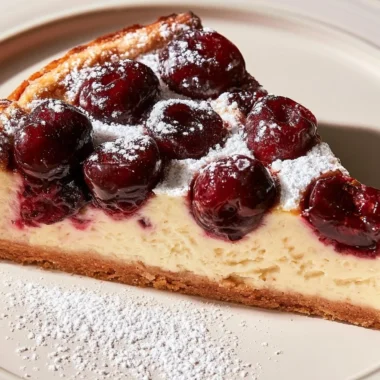 Freshly baked cherry clafoutis dessert topped with powdered sugar