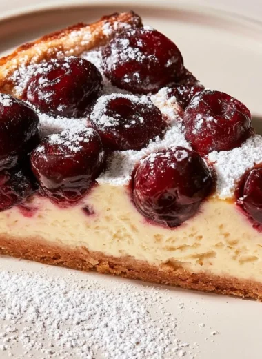 Freshly baked cherry clafoutis dessert topped with powdered sugar