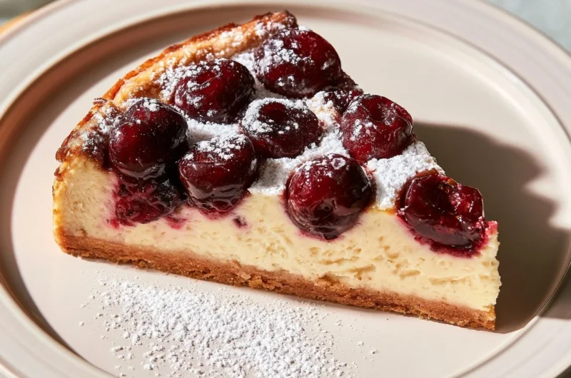 Freshly baked cherry clafoutis dessert topped with powdered sugar