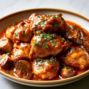 Delicious Chicken Chasseur in a rustic French style with herbs and tomatoes.