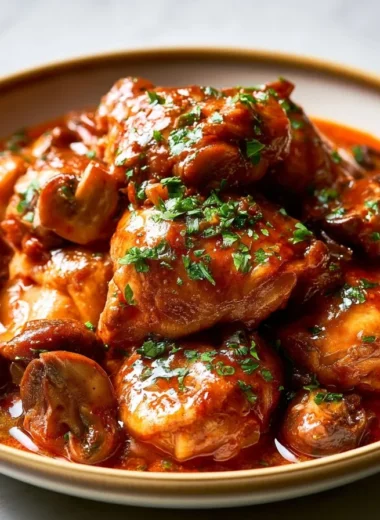 Delicious Chicken Chasseur in a rustic French style with herbs and tomatoes.
