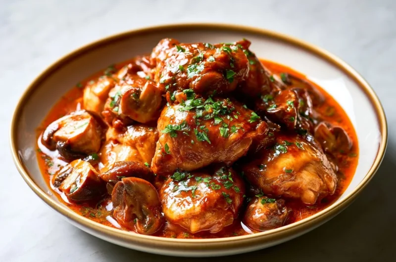 Delicious Chicken Chasseur in a rustic French style with herbs and tomatoes.