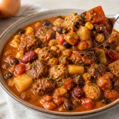 A bowl of hearty Cowboy Stew with beans, meat, and vegetables
