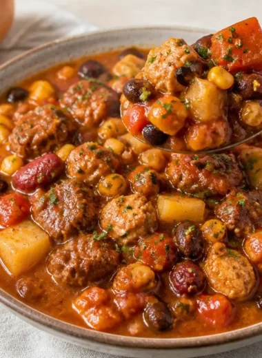A bowl of hearty Cowboy Stew with beans, meat, and vegetables