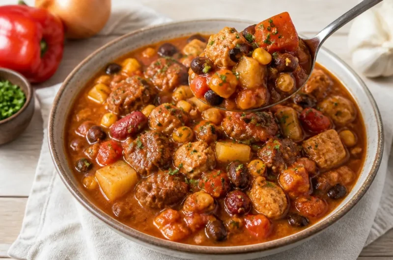 A bowl of hearty Cowboy Stew with beans, meat, and vegetables