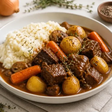 A bowl of cozy beef stew with vegetables and herbs