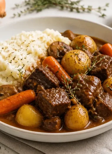 A bowl of cozy beef stew with vegetables and herbs