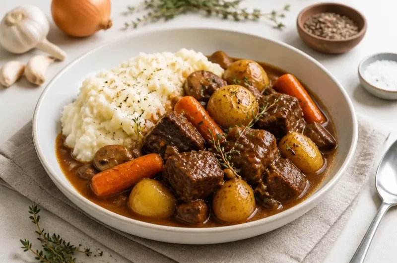 A bowl of cozy beef stew with vegetables and herbs