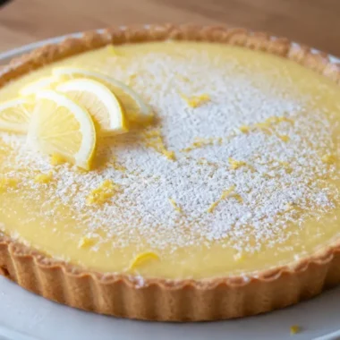 Cozy French lemon cream tart garnished with fresh lemon slices and cream