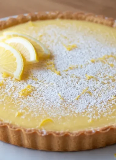 Cozy French lemon cream tart garnished with fresh lemon slices and cream