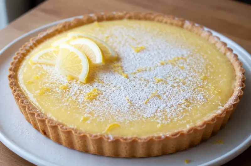 Cozy French lemon cream tart garnished with fresh lemon slices and cream