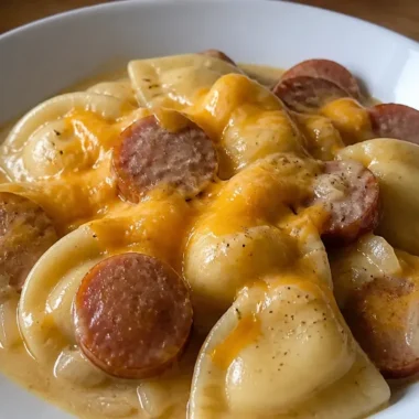 Creamy crockpot pierogi casserole with kielbasa served in a dish