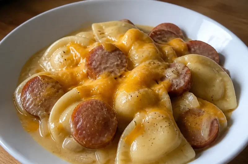 Creamy crockpot pierogi casserole with kielbasa served in a dish