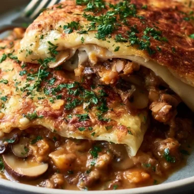 Delicious crêpes filled with mushrooms and savory sauce