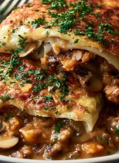 Delicious crêpes filled with mushrooms and savory sauce
