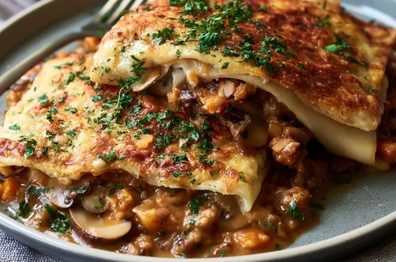 Delicious crêpes filled with mushrooms and savory sauce
