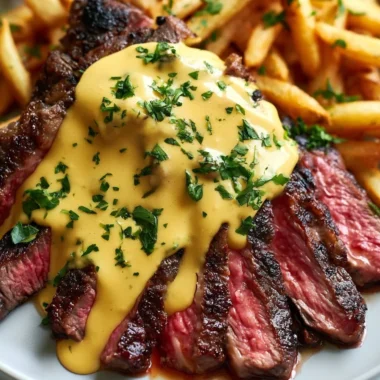 Delicious French Steak Frites served with crispy fries and herbs.