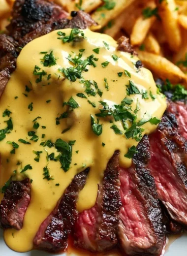 Delicious French Steak Frites served with crispy fries and herbs.