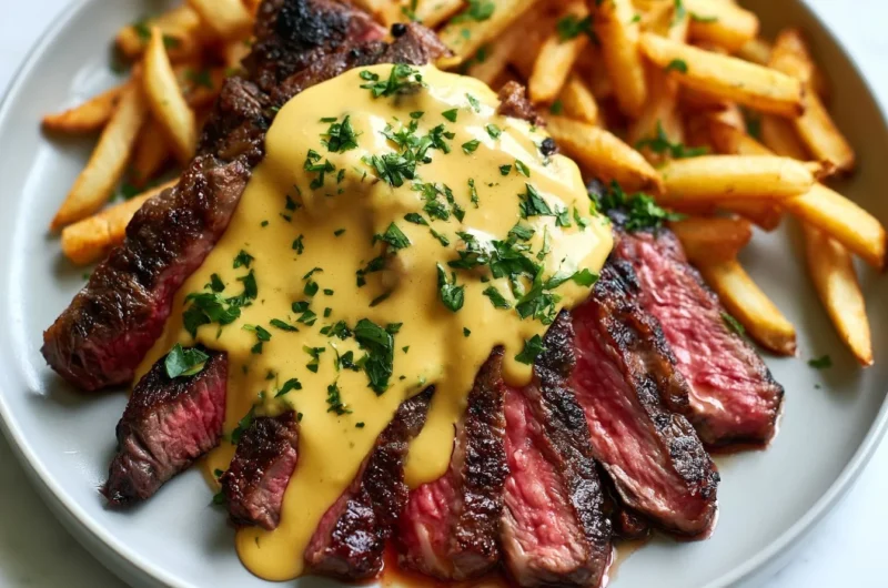 Delicious French Steak Frites served with crispy fries and herbs.