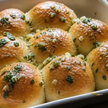 Freshly baked garlic butter bread rolls resting on a wooden table.