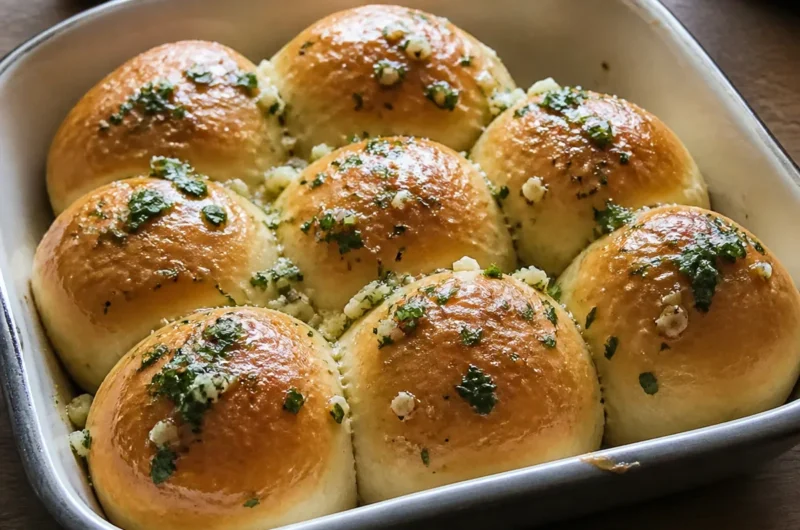 Freshly baked garlic butter bread rolls resting on a wooden table.