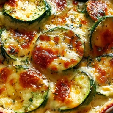 Baked Gratin de Courgettes with melted cheese and herbs in a casserole dish.