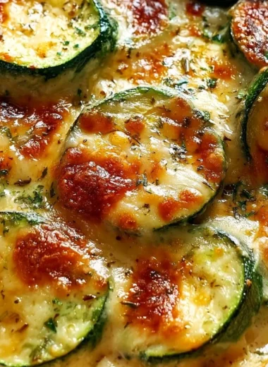 Baked Gratin de Courgettes with melted cheese and herbs in a casserole dish.