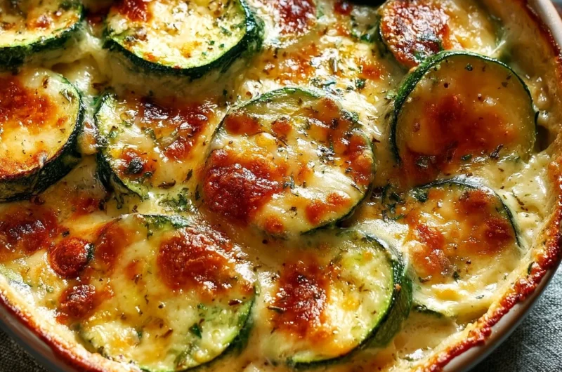 Baked Gratin de Courgettes with melted cheese and herbs in a casserole dish.