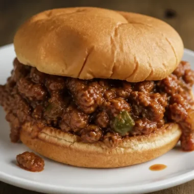 A plate of homemade sloppy joes with a side of pickles and fries